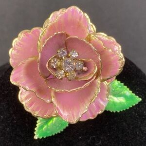 Vintage Enamel Open Rose Brooch Goldtone Pink Green 2-1/8"